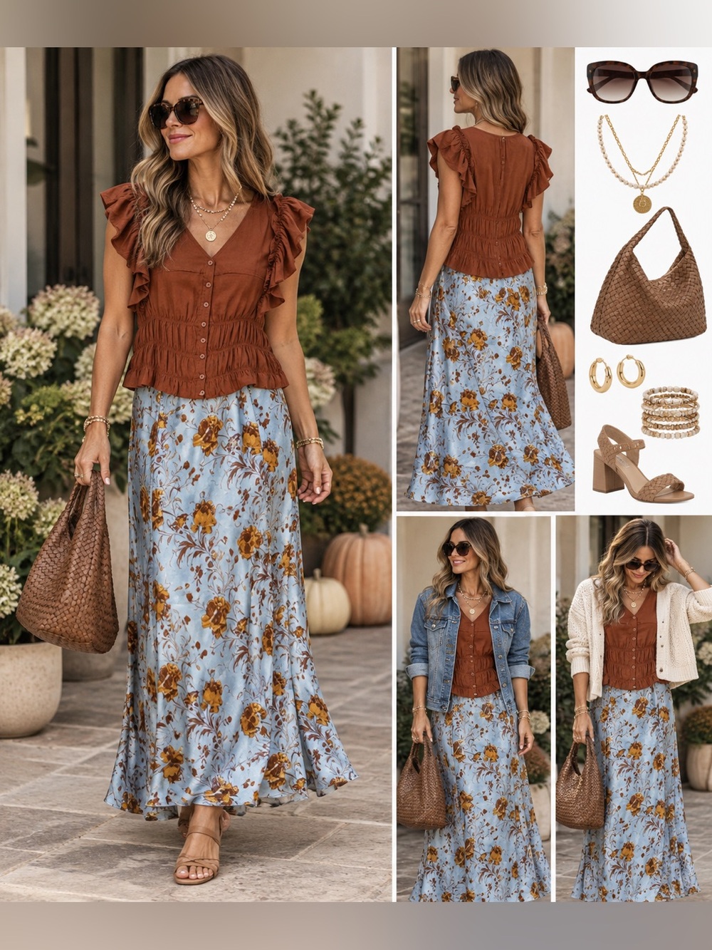 Philosophy Light Blue Maxi Skirt with Mustard Floral Print fall